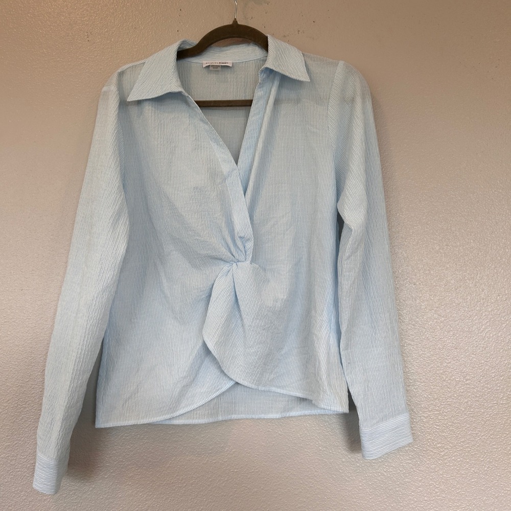 Calvin Klein Womens Blue White Seersucker Stripe Twist Front Blouse Small S